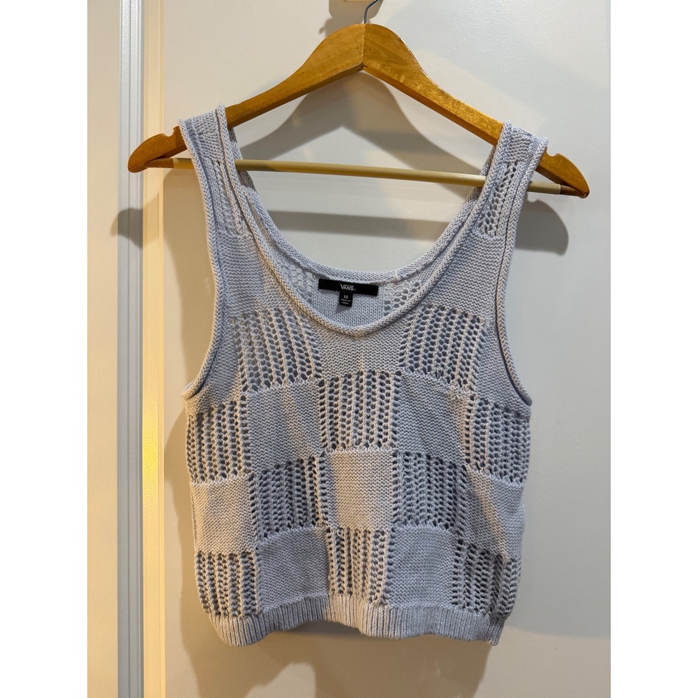 Vans Womens XS Light Blue Checkered Open Knit Cotton Cropped Tank Top VN31CB8DF
